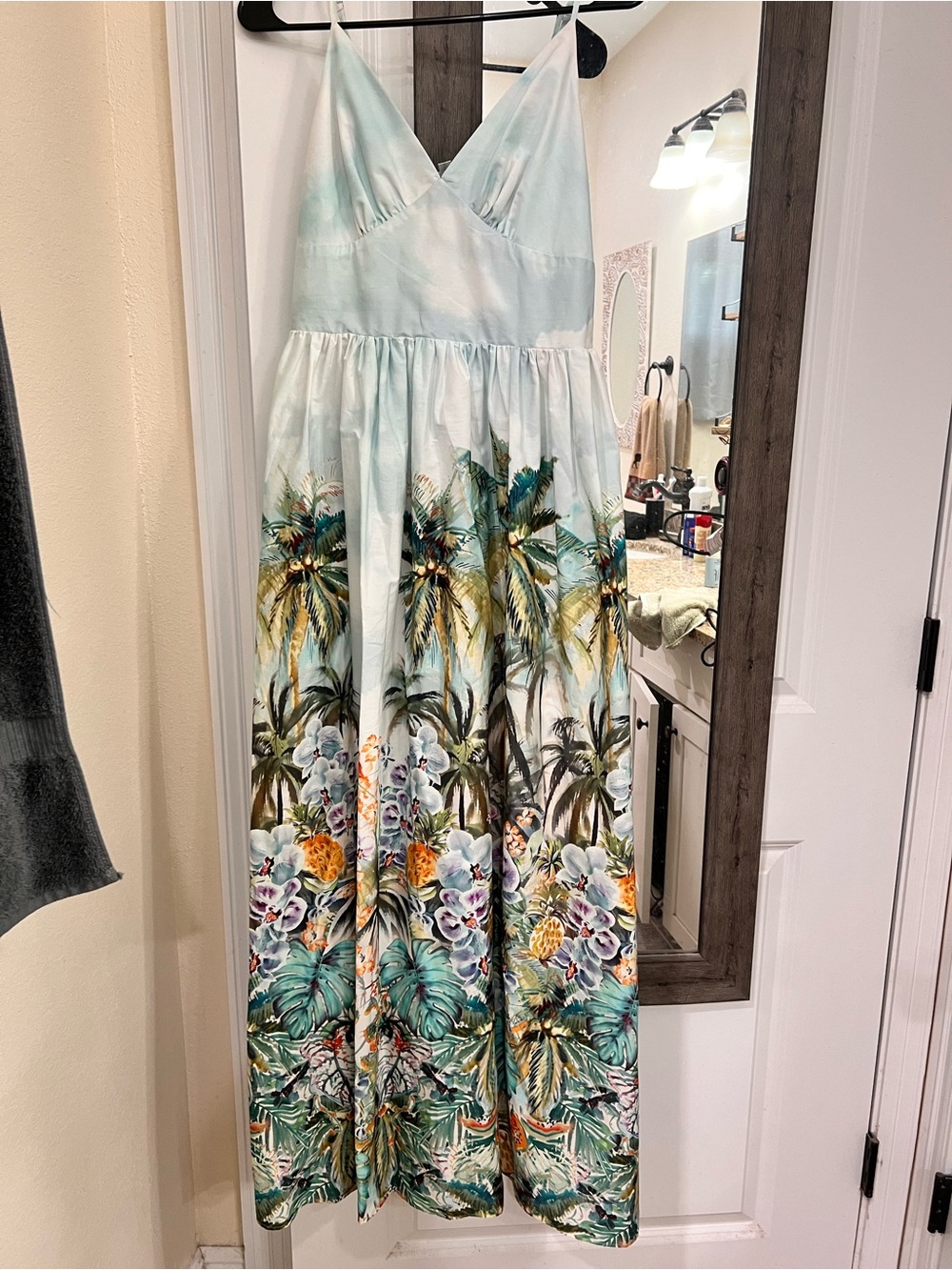 Lavendar Brown Tropical Print Maxi Dress in Light Aqua